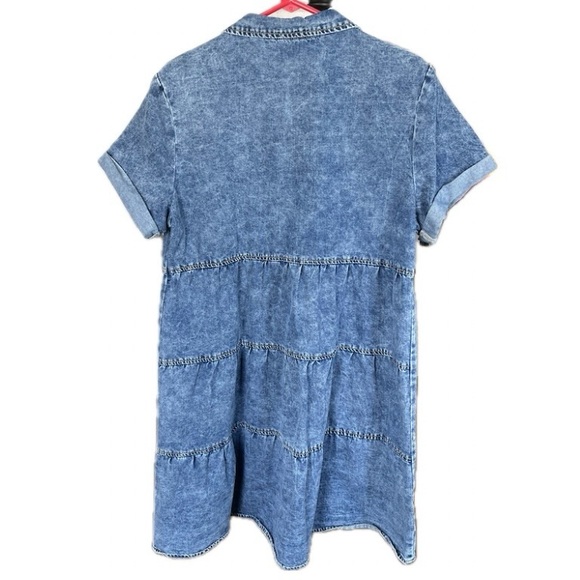 Denim Knee Length Dress Women Floral Short Sleeve Large Button Up Chambray - Picture 2 of 9